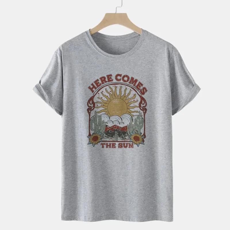 Summer Women Oversized Hippie Boho T Shirt Here Comes The Sun Graphic Tees Cotton Retro Tops Vintage Aesthetic Clothes Grunge