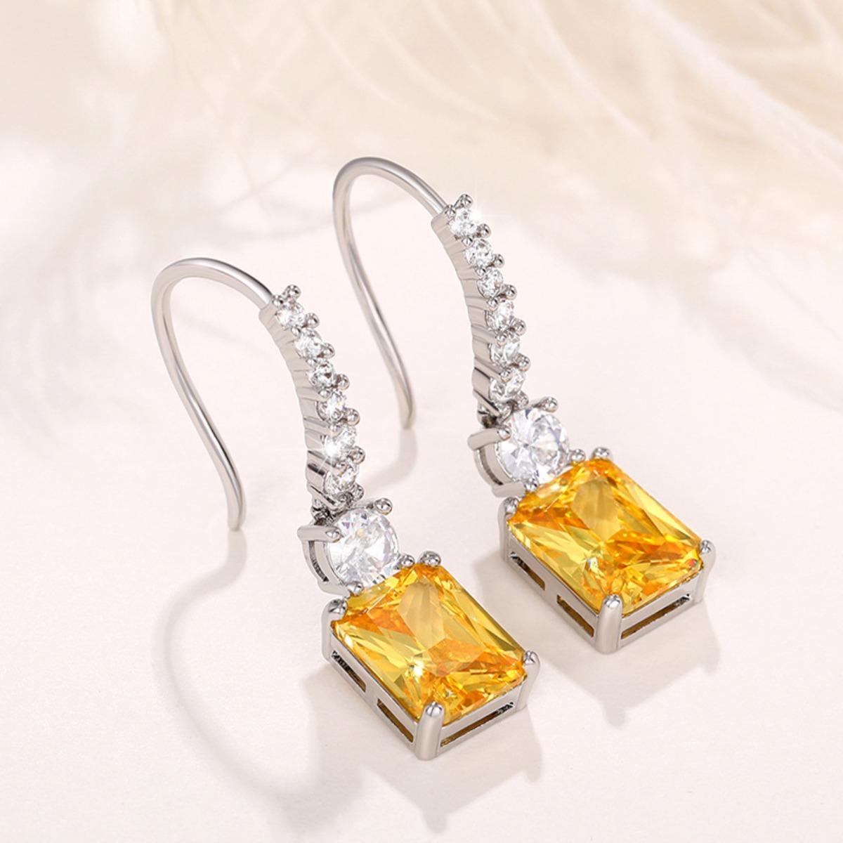 Elegant Yellow Square Cubic Zirconia Hook Dangle Earrings