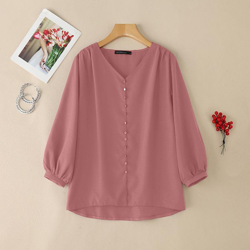 ZANZEA Women Casual V-Neck Solid Color 3/4 Sleeve Loose Blouse