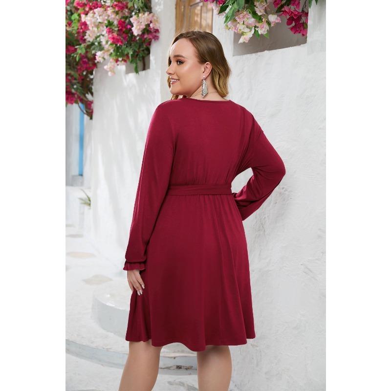 Spring and Autumn Women's Dress Plus Size Fashion Temperament Solid Color V-Neck Dresses