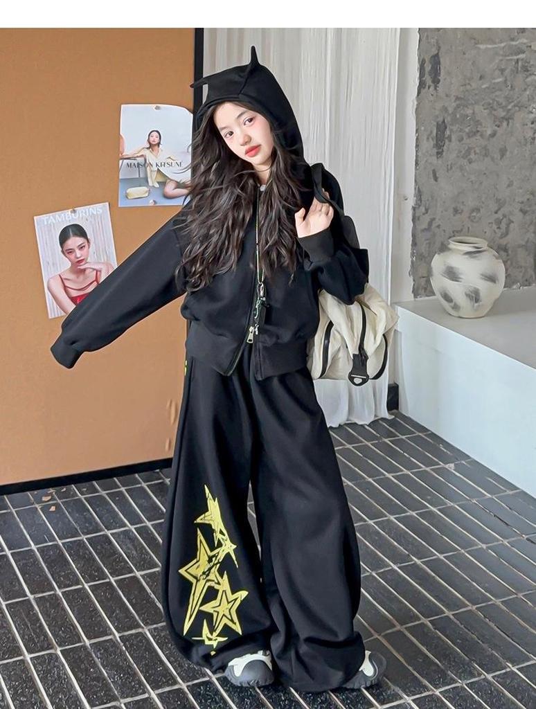 Girls' Spring & Autumn 2025 Set: Korean Style Hooded Jacket with Star Scimitar Pants for Middle & Big Kids