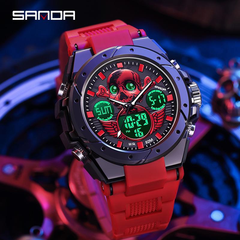 Sanda Skull Design Dual Display Waterproof Luminous Men's Student Multifunctional Watch