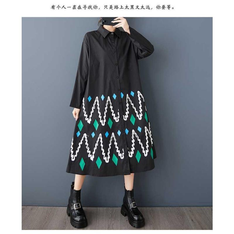 Loose Large Size Printed Splicing Casual Simple Sweetheart Long Sleeve Dresses