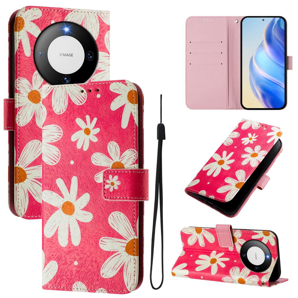Pink Daisy Luxury Painted Leather Case Wallet PU Leather Book Style Cover for Huawei P20 P30 P40 P50,Pura 70,Mate 60,Mate 70,Honor 50...