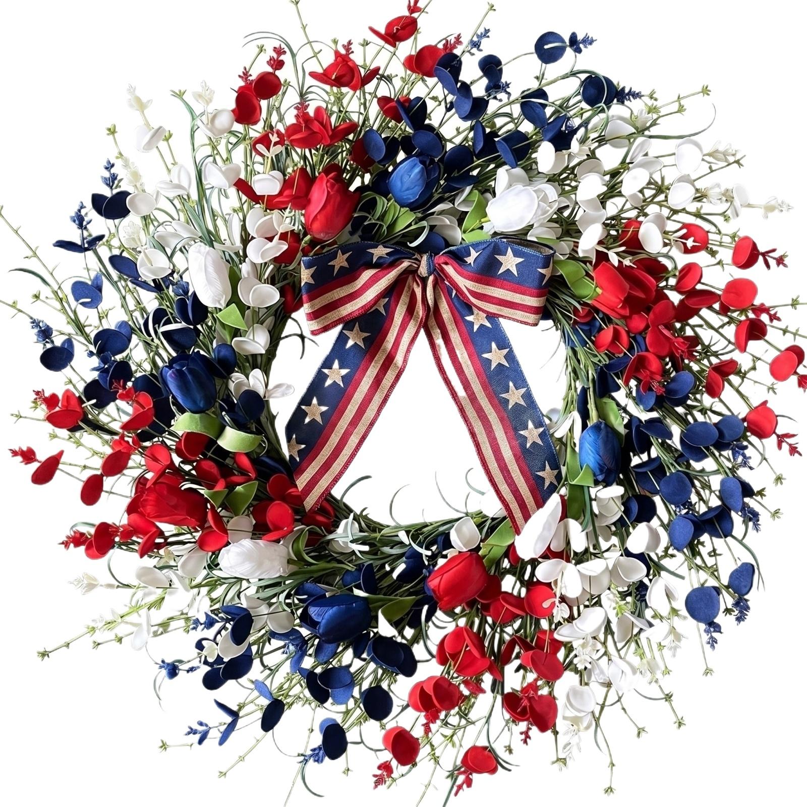 

45cm Patriotic Holiday Wreath with Fabric Bow Decorative Floral Arrangement for Seasonal Home and Event Decoration Indoor Outdoor Use One Size
