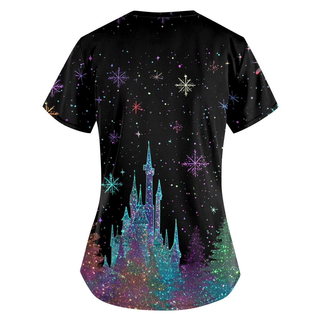 Women's Printing Uniform Work Uniform V-neck Pockets Basic Short Sleeve Pullover Top