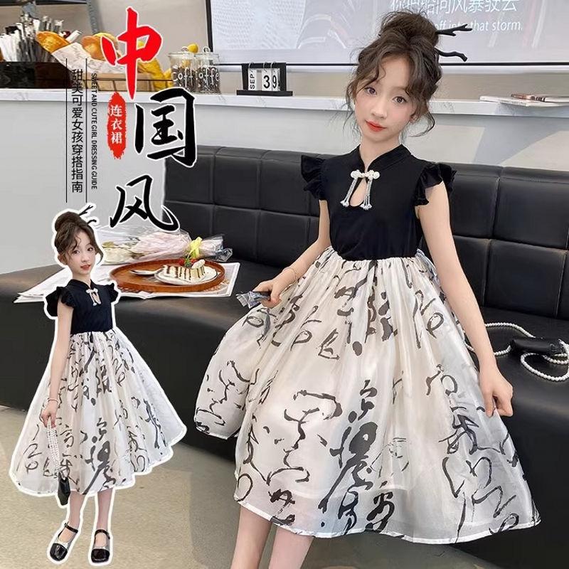 Letnia vintage sukienka Qipao dla dziewczynek Bawełna Len Krótkie bufiaste rękawy Chiński Hanfu Suknia balowa