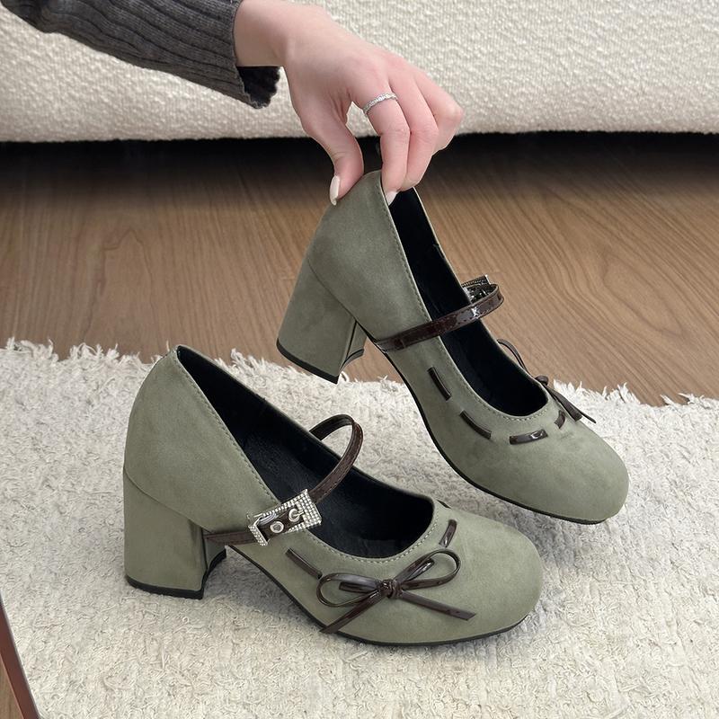 

2026 New Spring Thick Heel Women Mary Jane Shoes Fashion Rhinestone Buckle Strap Shoes Ladies Outdoor Elegant Dress Pumps 35 зелёный