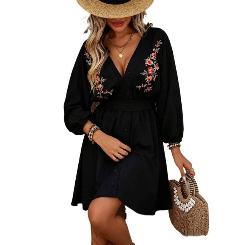 Amazon Europe and America 2026 Summer New Casual Flower Embroidered Lantern Sleeves Waist Thin Dress Women