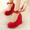 Fashion Dwayne Women High Heels Shoes Plus Size Platform Wedges Female Pumps Elegant Flock Buckle Bowtie Ankle Strap Party Wedding Shoes