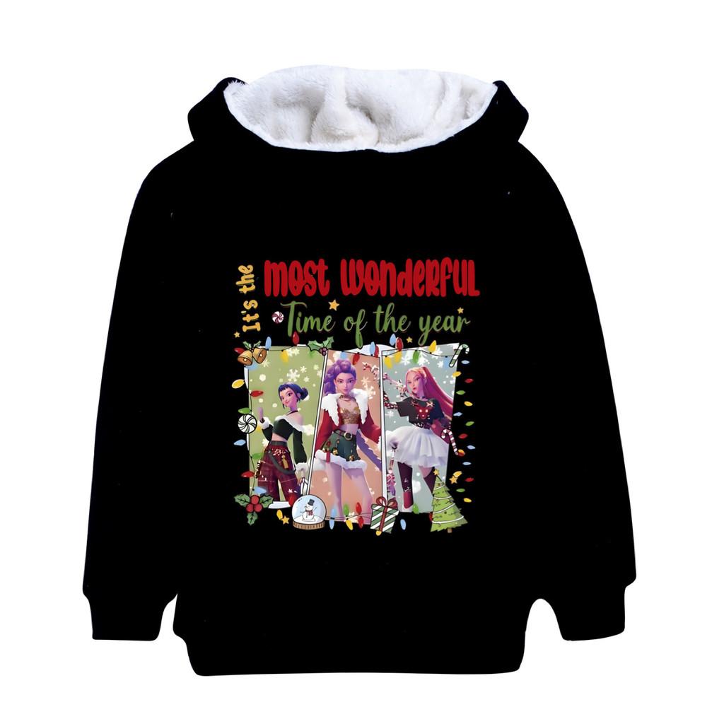 5096 Casual Winter Thick Kids Girls Kpop Zoey Mira Rumi Print Long Sleeves Velvet Warm Coat Jacket