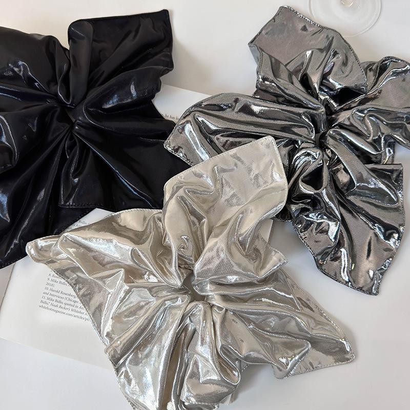 21cm Oversize Metallic Black Silver Hair Scrunchies Faux Leather Square Elastic Hair Bands Women Girls Accessories Hair Ties