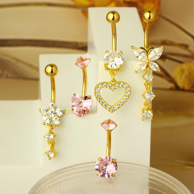 Heart-Shaped Rhinestone Belly Button Ring 5-Piece Set
