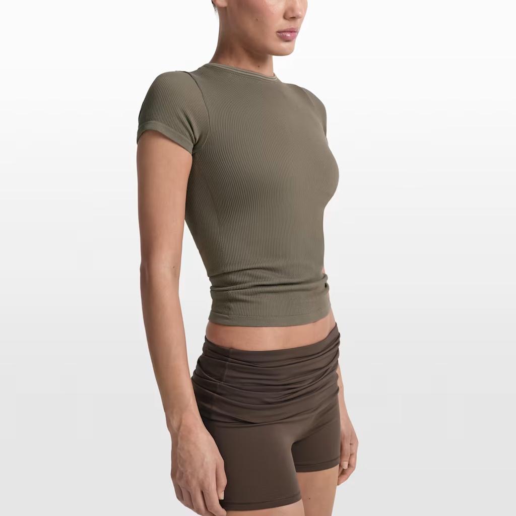 Nike X SKIMS Ribbed Seamless Vintage Fitted Crew Neck Short Sleeve T-Shirt Women Tops SSSSL9718W-DOD