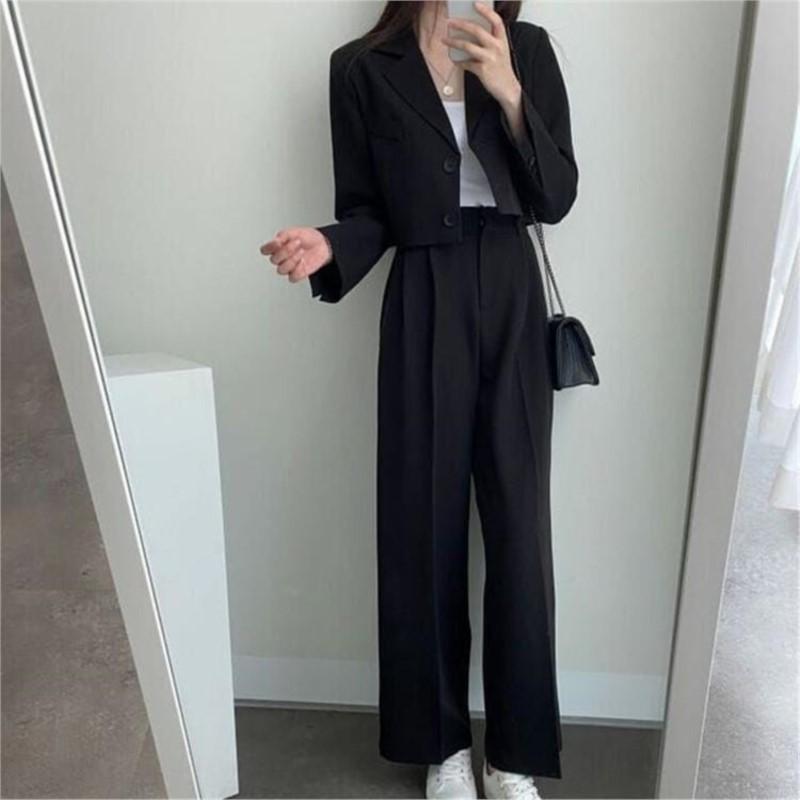 Women Spring Autumn New Korean Black Casual Small Suit Women 2 Pieces Suit
