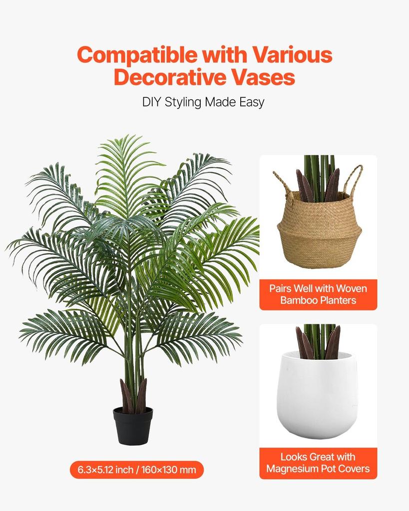Artificial Areca Palm Tree 1524 Mm, Fake Palm Tropical Plants with White Tall Planter, Faux Floor Silk Plant In Pot, Large Trees for Home Office
