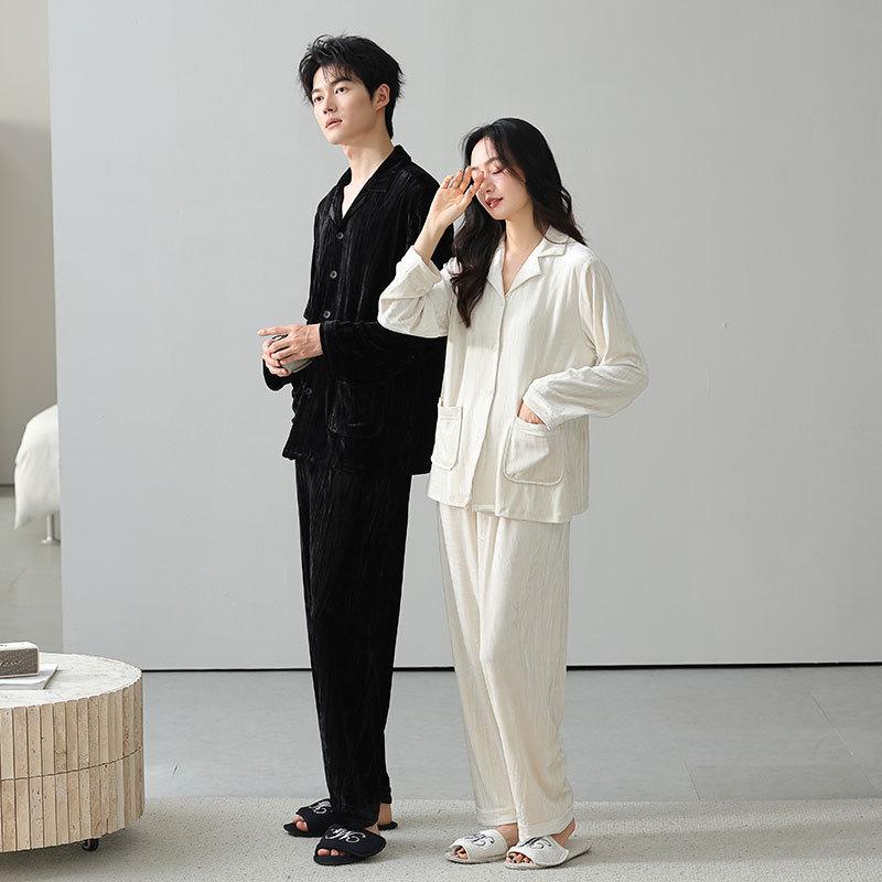 Golden Velvet Couple Pajamas Women'S Autumn And Winter Long Sleeve Fleece Warm Thin Velvet Homewear Men'S Suit