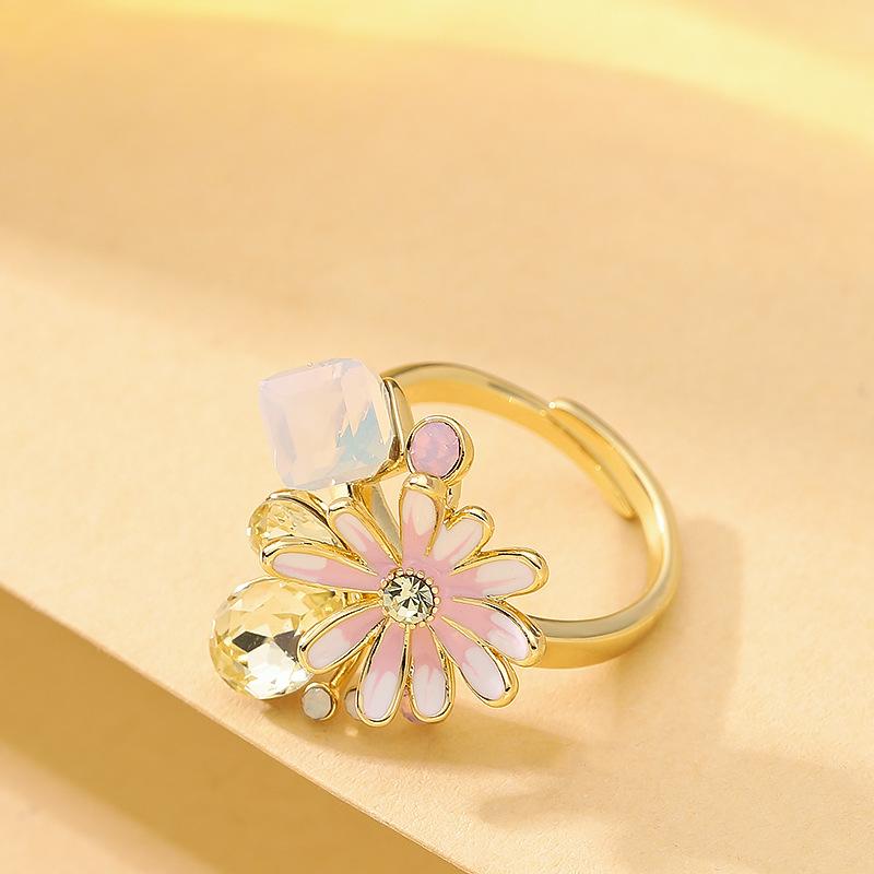 Stylish Sweet Small Fresh Enamel Oil Drip Diamond Small Daisy Adjustable Opening Ring Niche High-end Jewelry