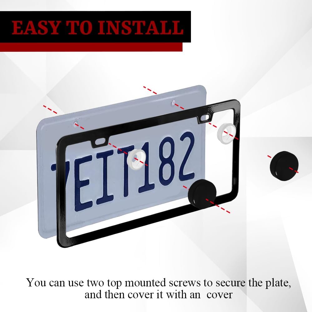2PCS Matte Black License Plate Frames, License Plate Holder, 2 Holes Car Licence Plate Covers with Screws Washers and Caps, Universal Car Accessories
