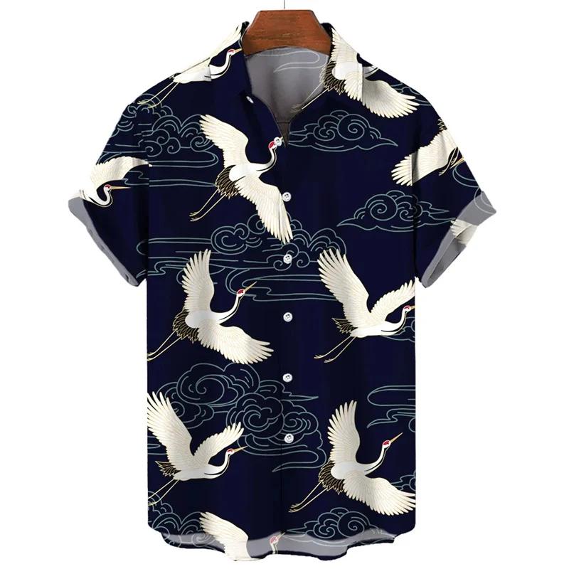 Camicia Hawaiana Animale Retrò Uomo Stampa Gru 3D Manica Corta Ampia Casual Oversize Top Harajuku Street Camicetta a Bottoni