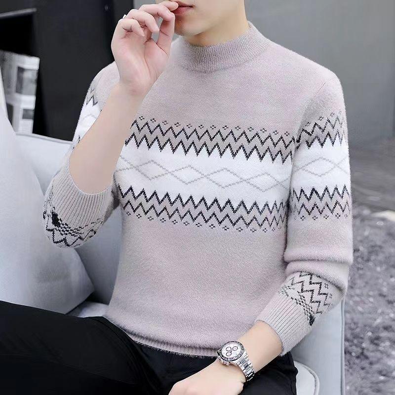 Men's High-End Fleece-Lined Winter Sweater, Half-High Collar, Korean Style, Warm Casual Knit for Teens & Students.