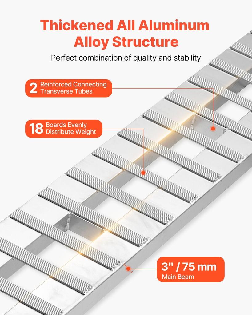 Loading Ramps, 2 Pcs 2745 X 380 Mm, Durable Aluminum and Heavy-Duty Trailer Ramp Set with Anti-Slip Plates, 4535.9 Kg Combined Capacity, for Carts,