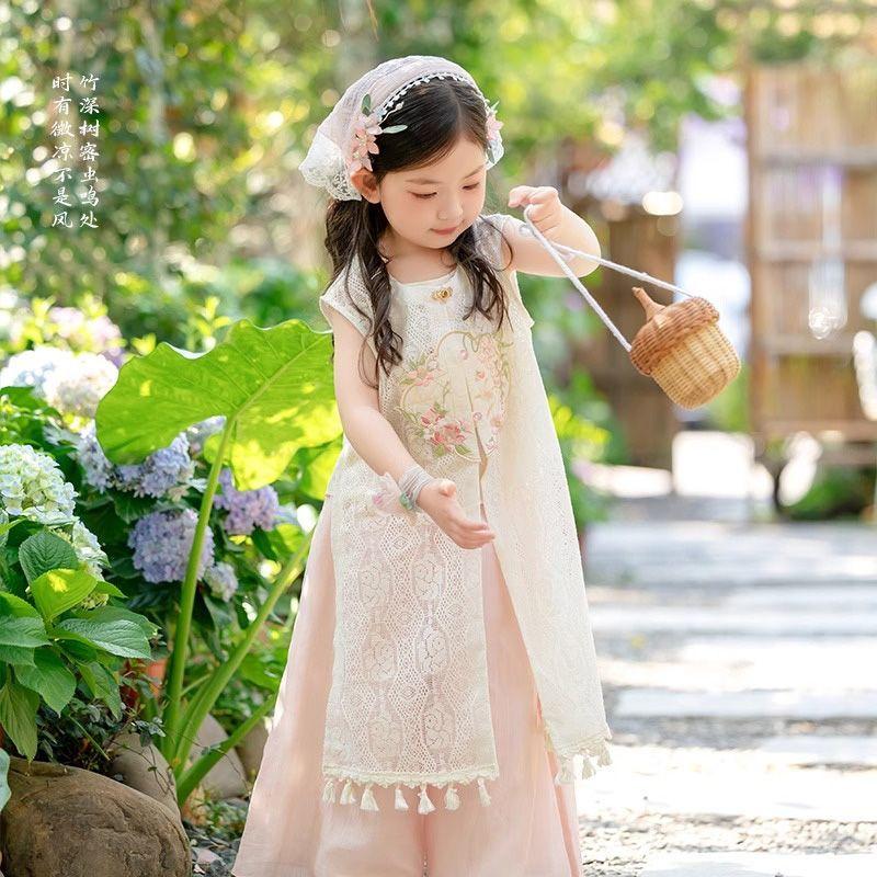 Girls' Neo-Chinese Style Vest and Pants Set Summer Thin Short Sleeve Outfit
