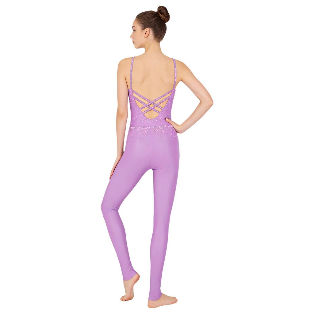 Tuta da ginnastica da donna asimmetrica sulle spalle con schiena scoperta e cinturini, pantaloni lunghi con strass