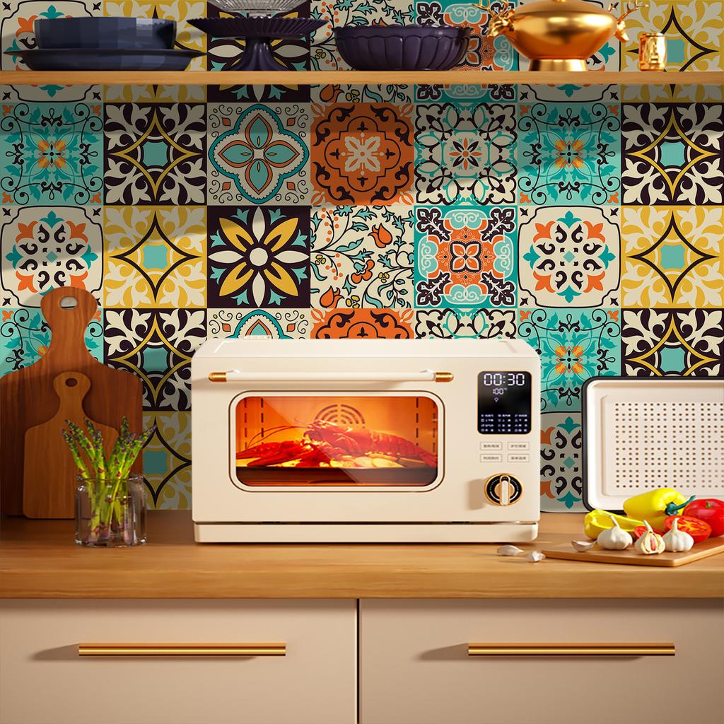 40Pcs Moroccan Retro Tile Stickers - 0.45mm Thickened Crystal Film PVC Decals - Waterproof Self-Adhesive Floor & Wall Mural for Kitchen Bathroom DIY