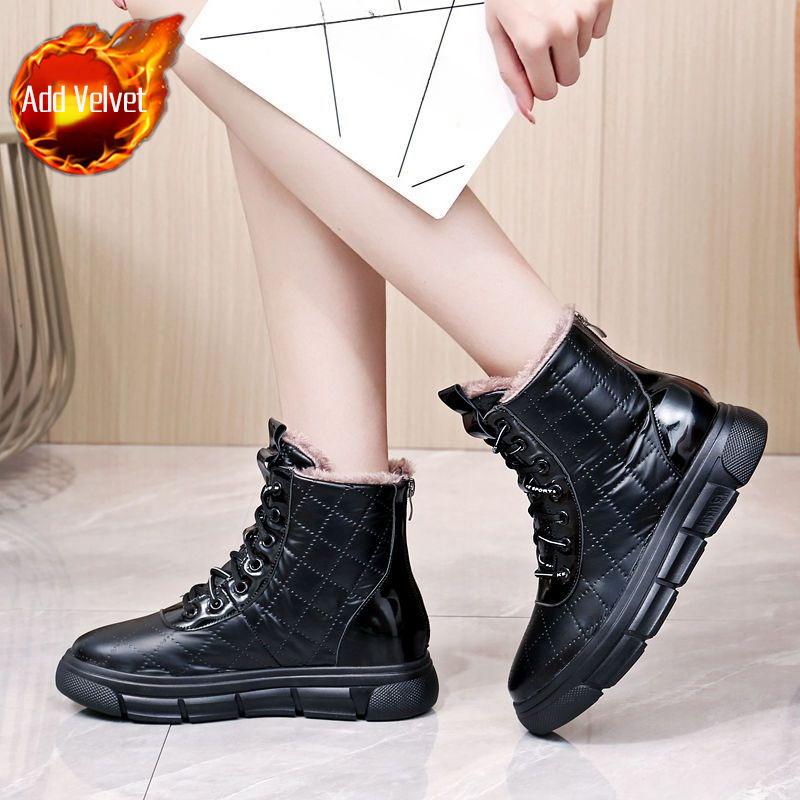 

Модная шнуровка, массивная подошва, женская обувь, зимние флисовые нескользящие женские сноубутсы, плюшевые, теплые, шикарные и элегантные, рабочие водонепроницаемые ботильоны 40