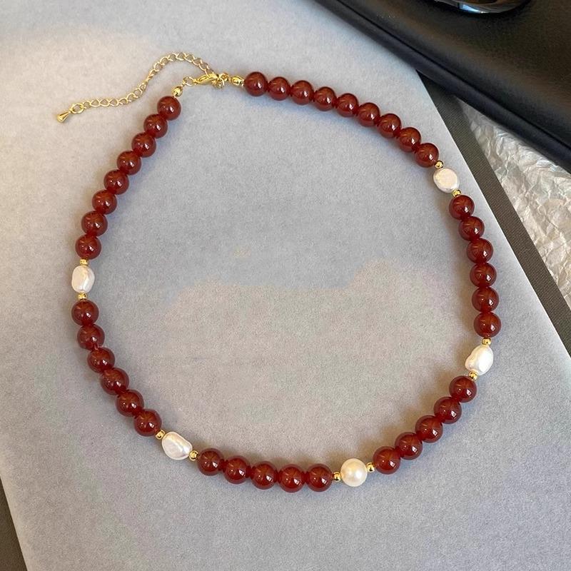 Baroque Freshwater Pearl & Red Agate Beaded Choker Necklace