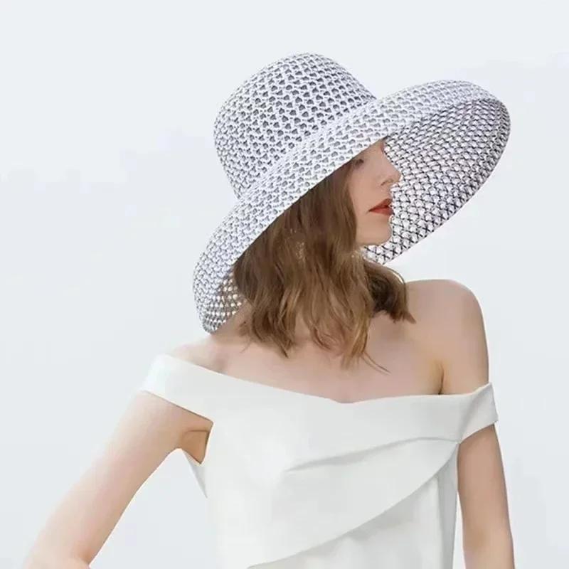 Nuevo Sombrero de Paja Redondo Grande Estilo Retro Sombreros de Sol para Mujer Visera para Viajes y Vacaciones Sombrero de Playa Vintage para Mujer Blanco y Negro