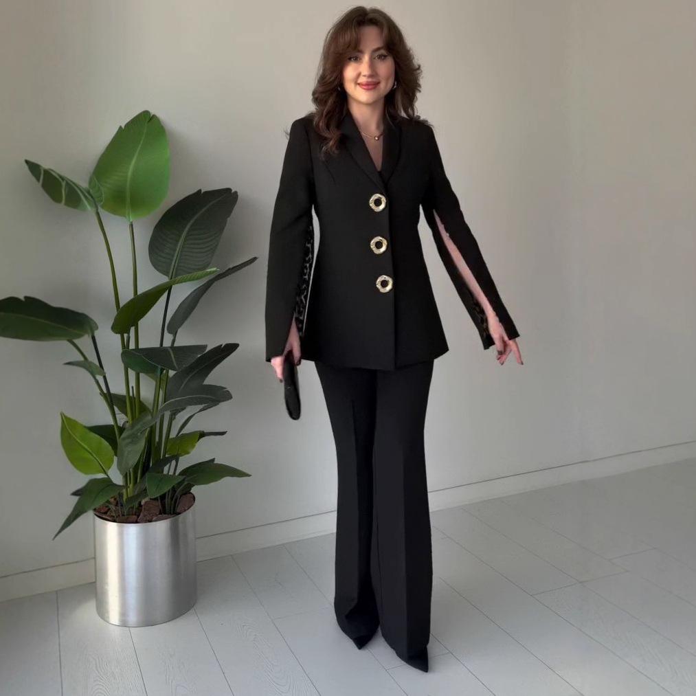 2025 Autumn New Cross-border European and American Casual Leopard Print Suit Cardigan Zipper Slit Long Sleeve Jacket Straight-Leg Pants Set