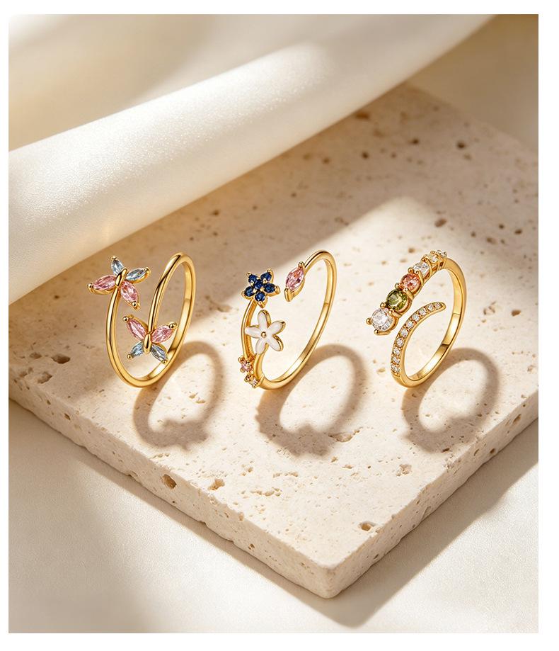 S925 Sterling Silver Flower & Butterfly Adjustable Ring for Women - Unique Design