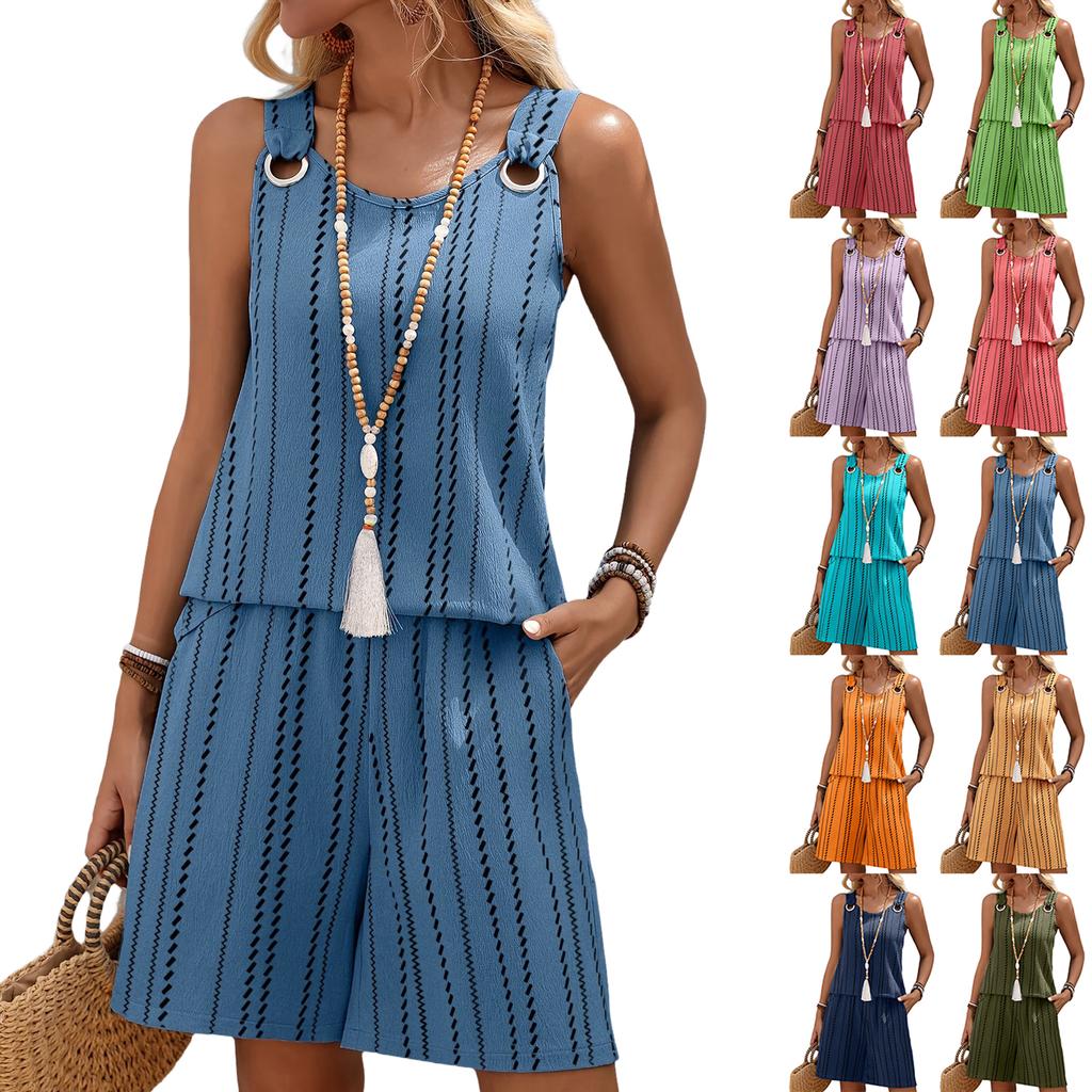 Women's Striped Print Sleeveless Two-Piece Set with Round Neck and Shorts for Summer Casual Wear