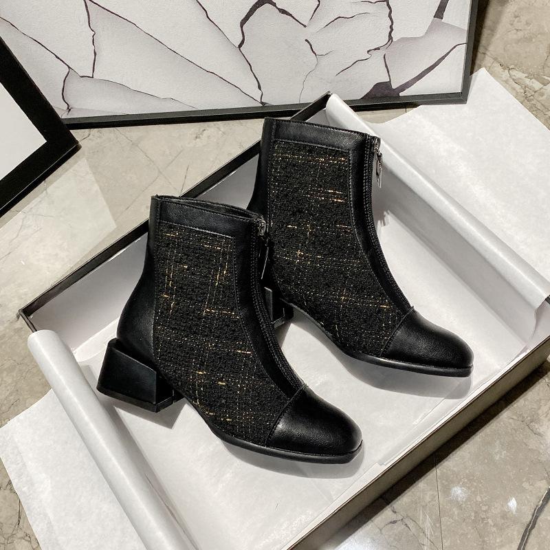 

Модные ботинки челси с застежкой-молнией спереди, женские зимние ботинки с квадратным носком и толстым каблуком, женские ботинки для верховой езды из клетчатой ткани в стиле пэчворк, короткие ботинки 6 чёрный