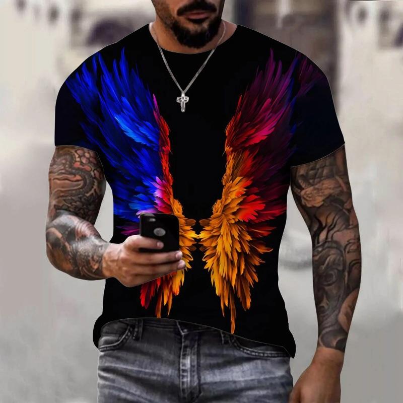 Summer Round Neck 3D Wing Pattern Print Top Fashionable Casual Short Sleeved Men's T-shirts