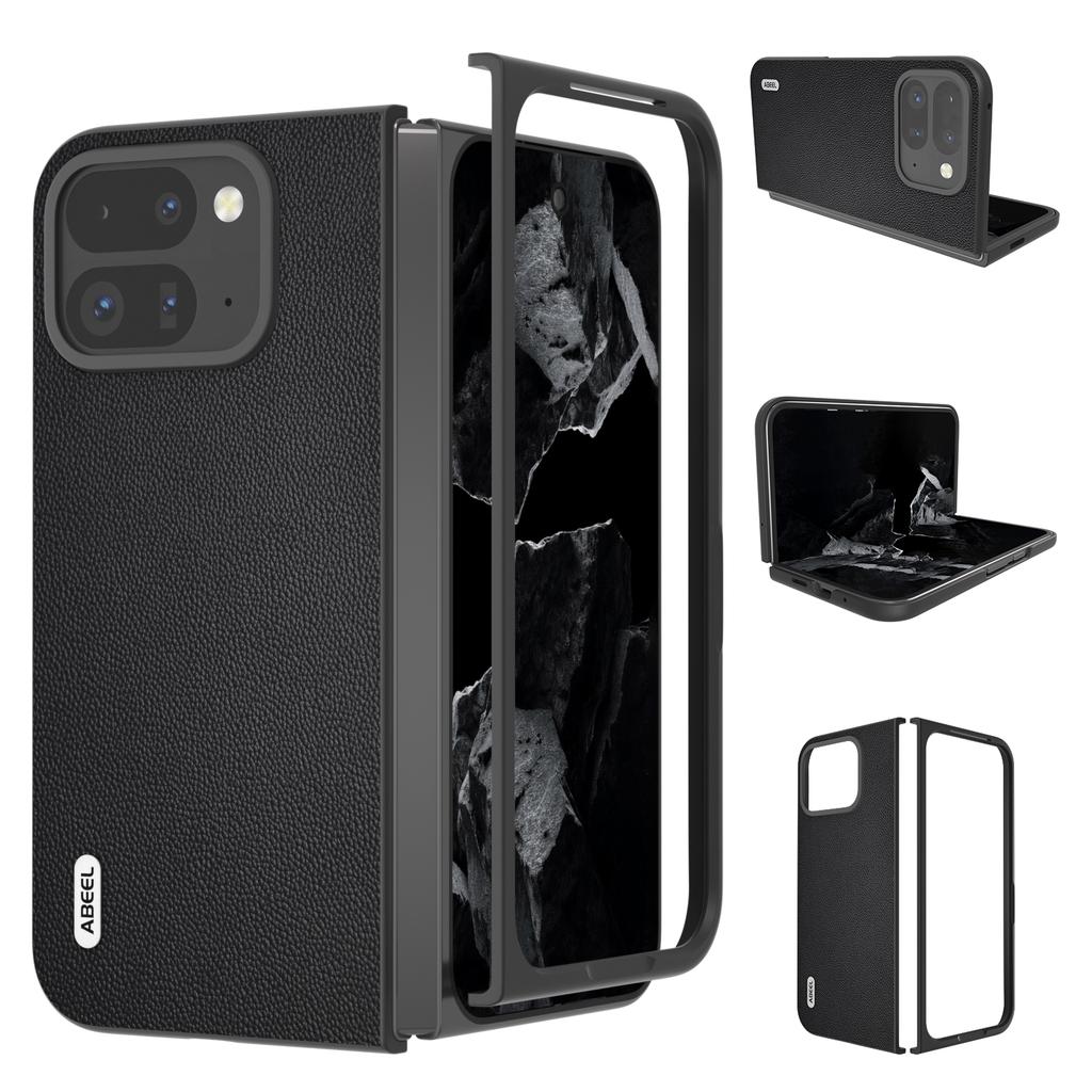 ABEEL For Google Pixel Fold 2 Case Genuine Cow Leather PC Phone Cover Black Edge