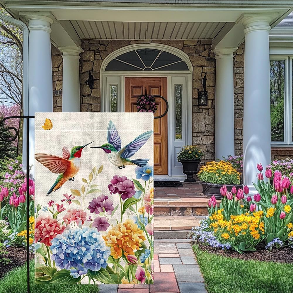 Hummingbirds Hydrangea Flowers Garden Flag 12x18 Inch Double Sided Spring Summer Colorful Floral Yard Outdoor Flag Holiday O