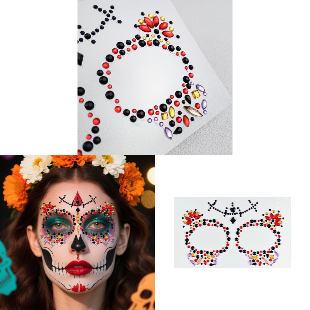 Skull Face Diamond Sticker With Colorful Flowers For Party Makeup And Stage Decor