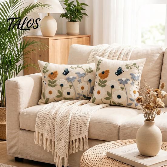 Flower Pattern Cushion Cover Floral Embroidered Cover, Decorative Throw Pillow Spring Home Refresh Decor Farmhouse for Living Room Sofa Couch