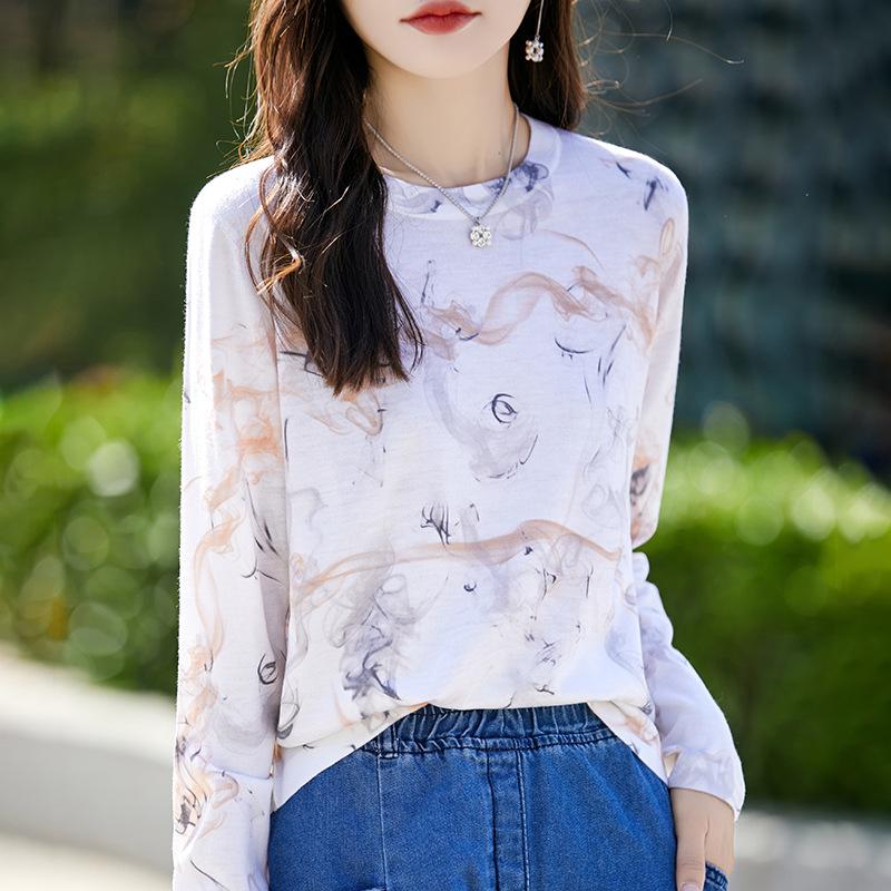 Latest Summer Style Womens Stylishable and Versatile Mulberry Silk Round Neck Long Sleeve T-shirt Knitted Sweater