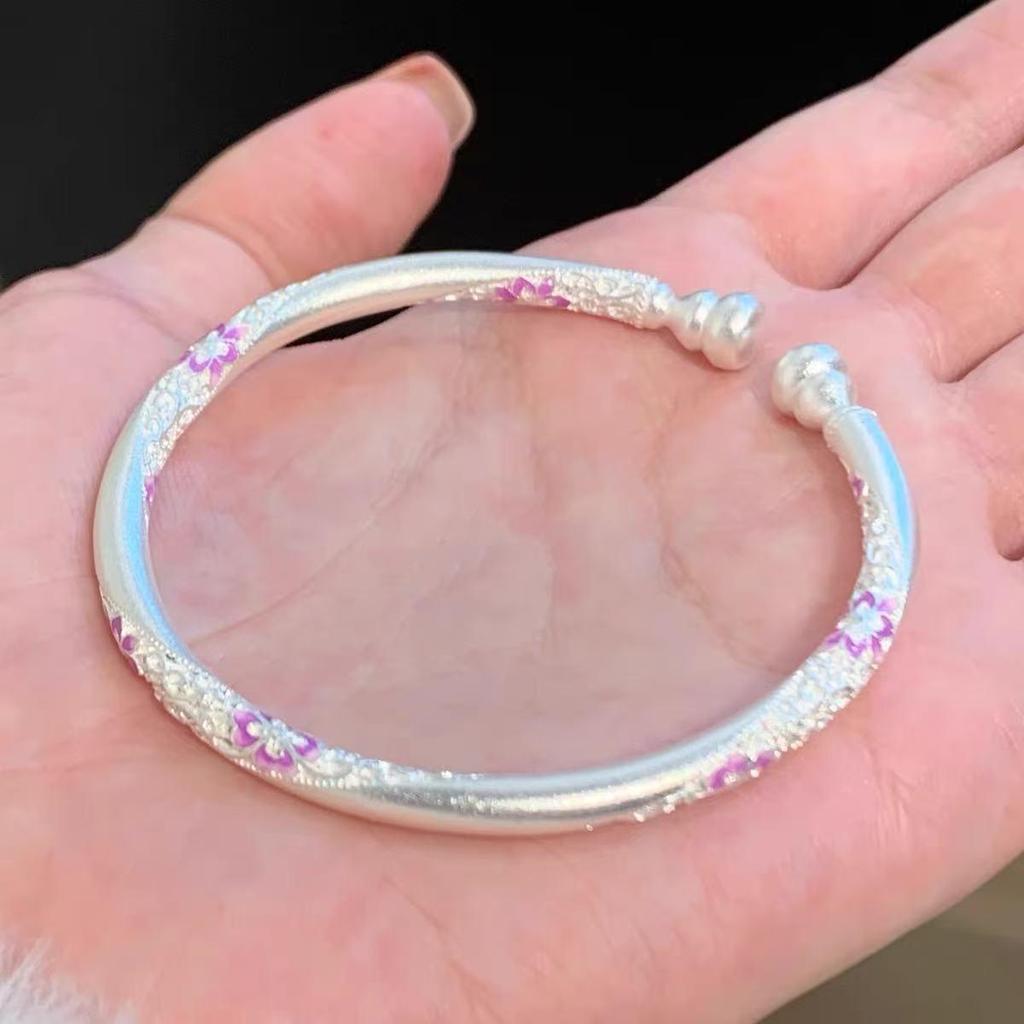 Sterling Silver 9999 Enamel Gourd Flower Twisted Bangle for Women - New Chinese National Style Bracelet