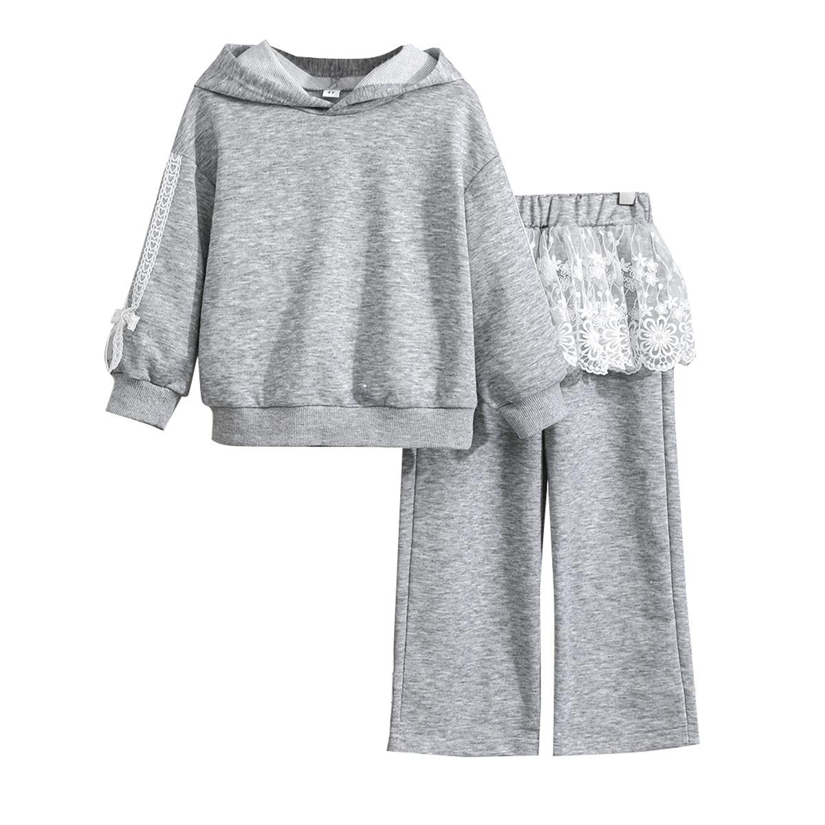 

Girls Spring and Autumn Sweet Style Set Lace Patchwork Wide-Leg Pants + Hooded Drawstring Sweatshirt 8Y сірий колір