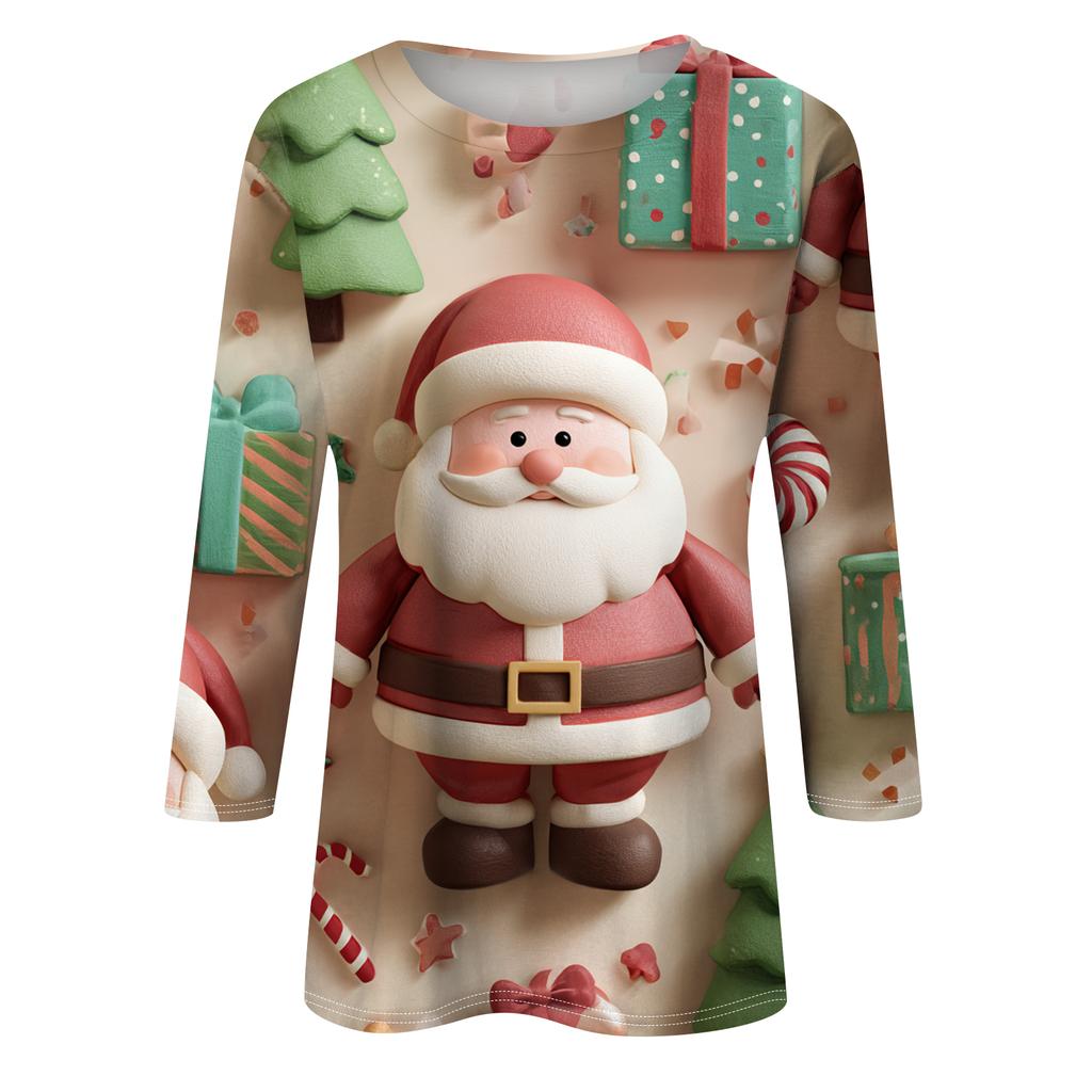 Women's Fashion Casual Round Neck Three-quarter Sleeve Christmas Print T-shirt Top
