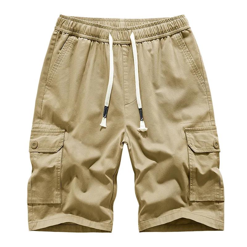 2026 Men Cotton Cargo Shorts Men Elastic Waist Solid Loose Casual Shorts Men Jogger Multi Pocket Knee Length Short Pants 30-42