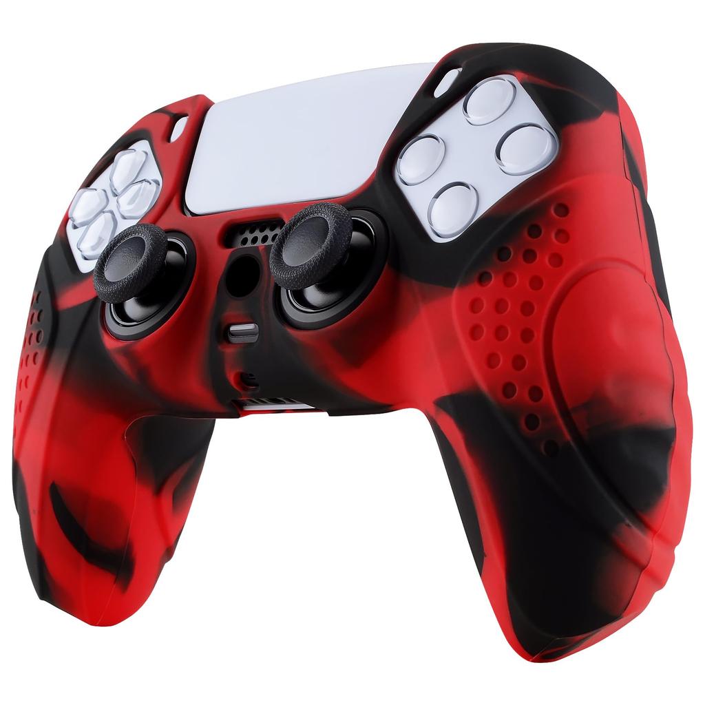 EXtremeRate PlayVital Schutzhülle für Cover für PS5 mit Stickkappe PS5, Controller, [Rot & Schwarz]
