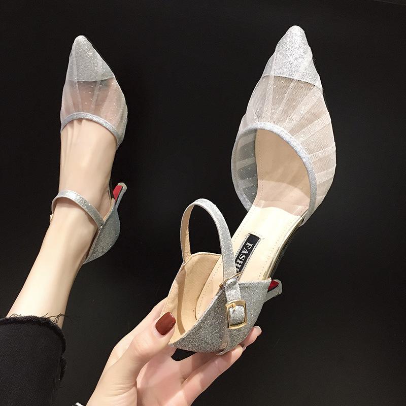 Thin High Heels Pointed Toe Women Pumps Woman Two Piece Ankle Strap Shiny Party Shoes for Ladies Wedding Bridal Shoes
