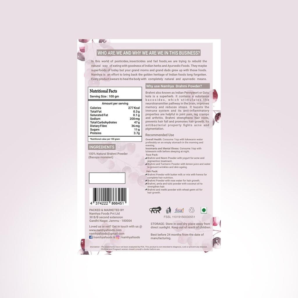 Namhya - Brahmi Powder - 100g (50+ Servings) - Boosts Memory, Focus, Reduces Stress & Anxiety - [Brahmi Herb] - 100% Natural, No Preservativ