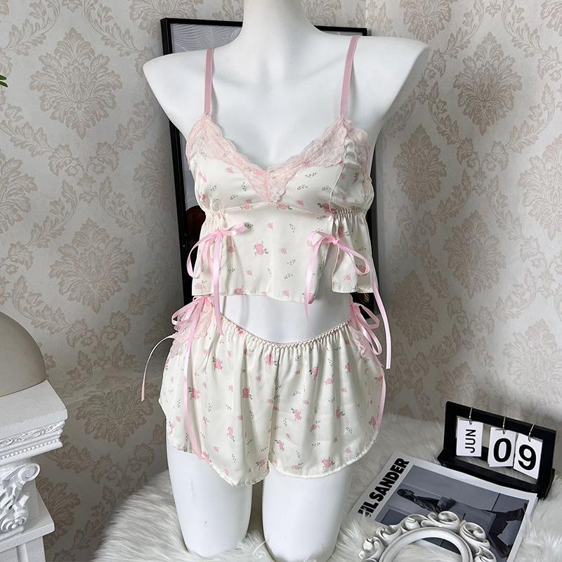 

Sexy pajamas women s summer pure desire wind suspender skirt with chest pad loungewear lace sweet and cute L【 50-60kg 】